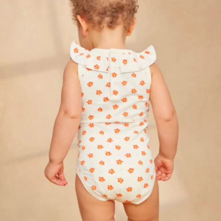 Sergent Major Body | Body Cotele Ecru Sans Manches A Imprime Fleur Bleue Et Orange