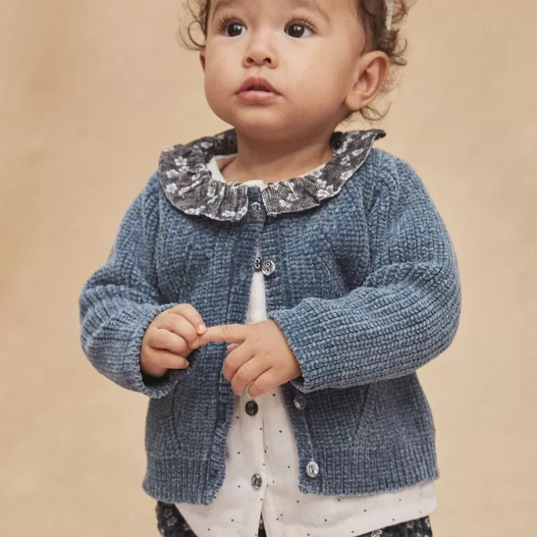 Sergent Major Pull Gilet & Cardigan | Cardigan Bleu Ardoise En Maille Chenille Ajouree