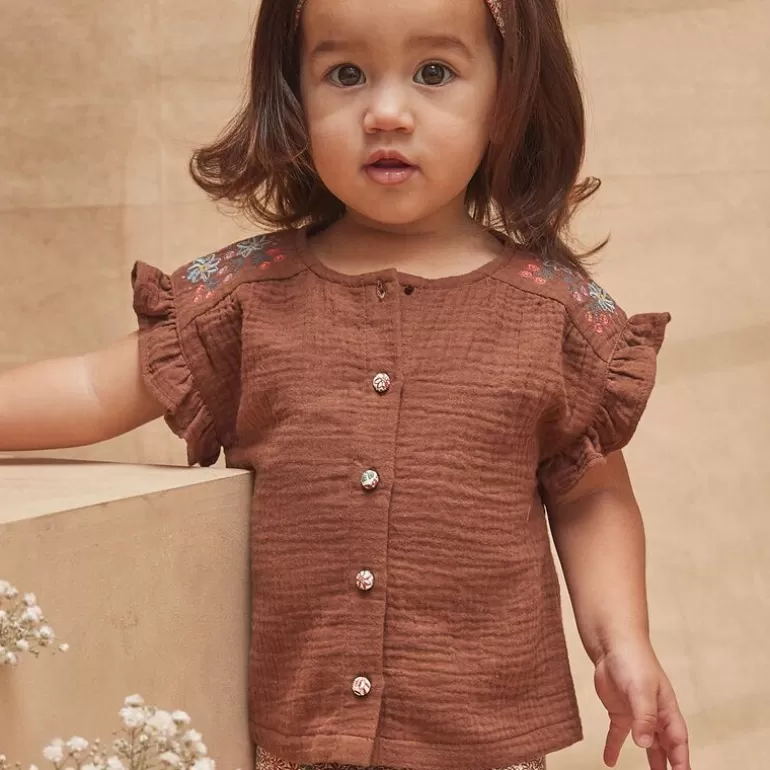 Sergent Major T-Shirt & Blouse | Chemisier Fluide Marron Chocolat Avec Broderies