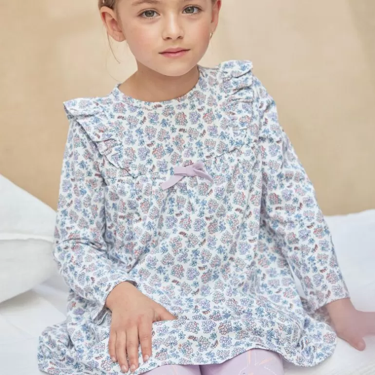 Sergent Major Pyjama | Ensemble Chemise De Nuit Ecrue A Imprime Fleuri Et Legging Lilas A Motifs Lapin