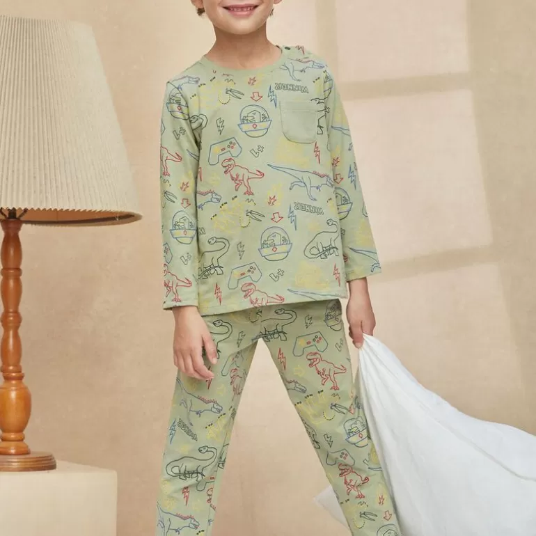 Sergent Major Pyjama | Ensemble Pyjama Kaki En Coton A Imprime Dinosaures