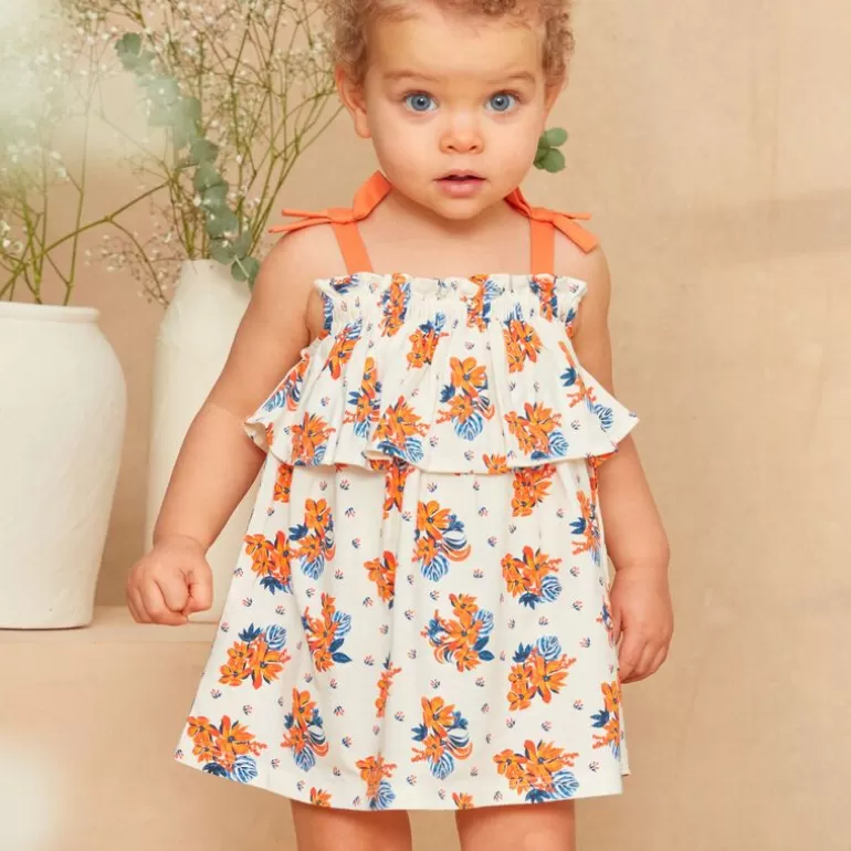 Sergent Major Robe | Robe A Volants Ecrue A Imprime Fleur Bleue Et Orange En Jersey