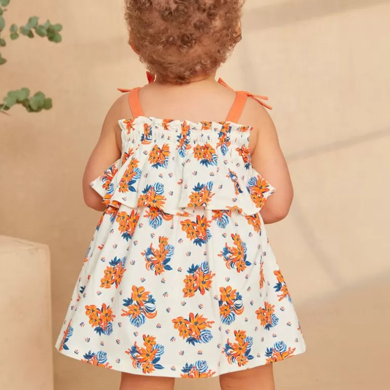 Sergent Major Robe | Robe A Volants Ecrue A Imprime Fleur Bleue Et Orange En Jersey