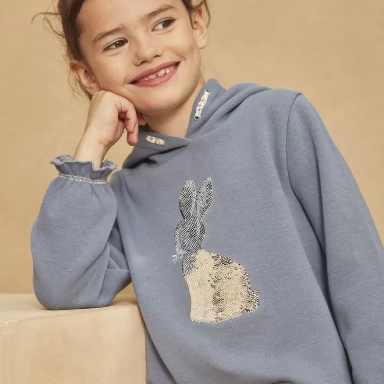 Sergent Major Pull Gilet & Cardigan | Sweat A Capuche Bleu A Animation Lapin En Sequins Reversible