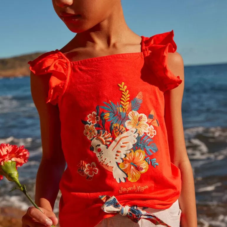 Sergent Major Blouse & T-Shirt | Top Rouge A Motifs Fleurs Et Perroquet Multicolores En Jersey