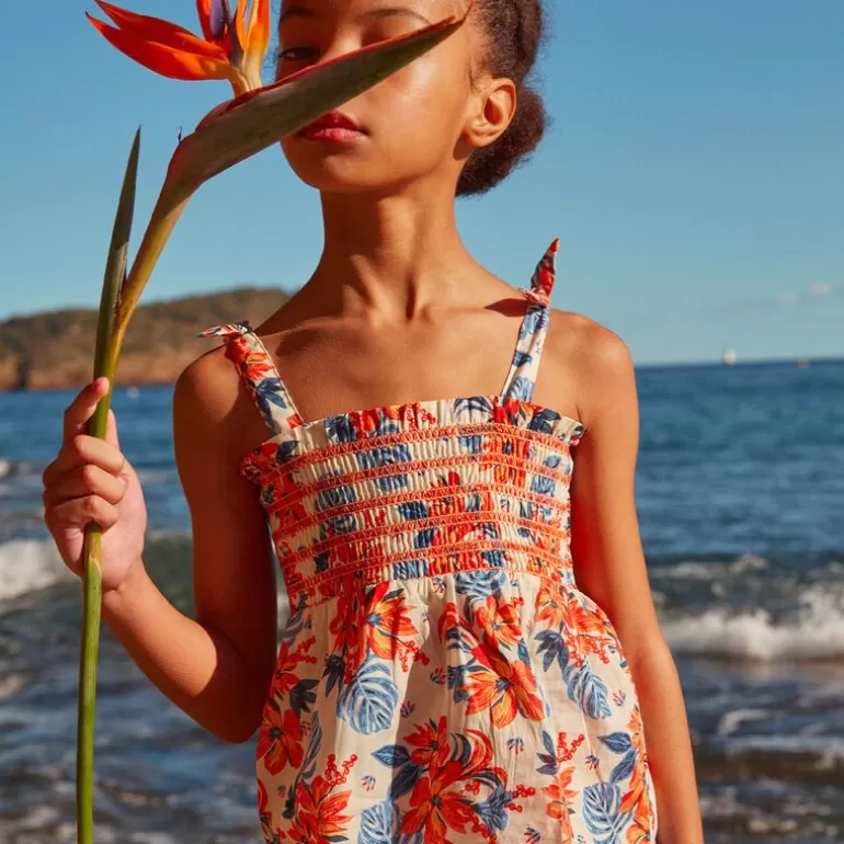 Sergent Major Blouse & T-Shirt | Top Smocke Ecru A Imprime Fleurs Bleues Et Orange