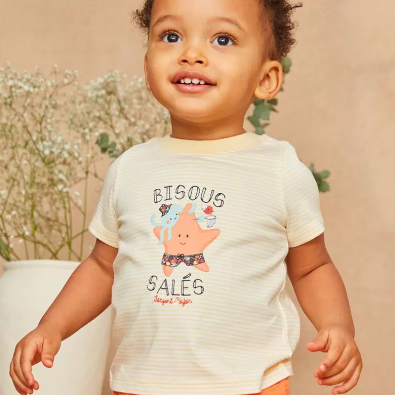 Sergent Major Chemise T-Shirt & Polo | T-Shirt En Jersey Ecru Et Orange A Imprime A Rayures Et A Motifs Animaux Marins Pastels